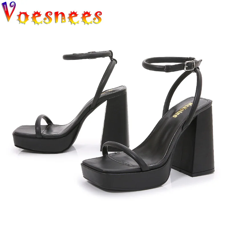 Fashion Narrow-band Sandals Women Square Heel Car Model Show Shoes Summer Waterproof Platform High Heels 11CM Black Ladies Pumps