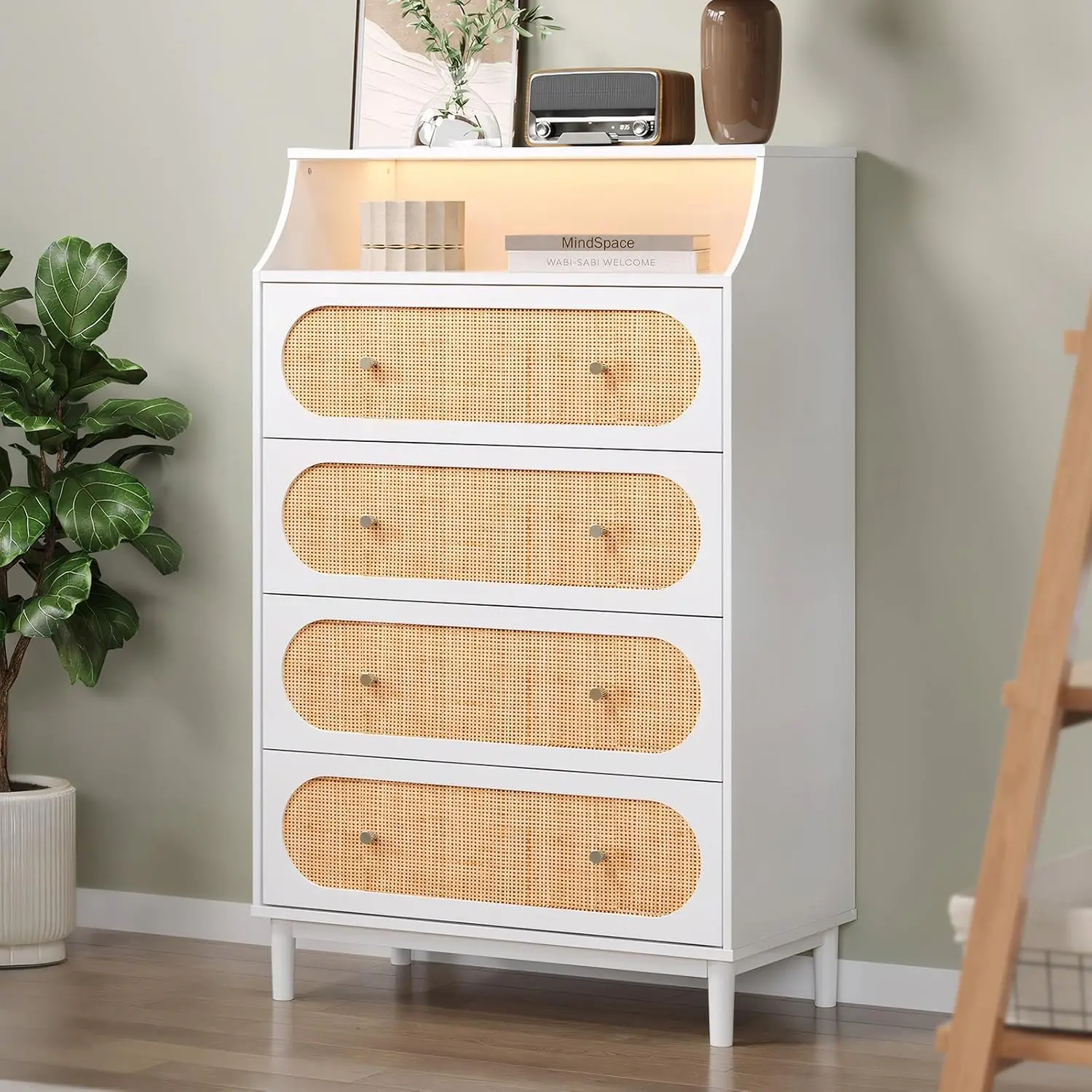 

Tall Rattan Dresser 4 Drawer Chest with LED Lights for Bedroom, Customized