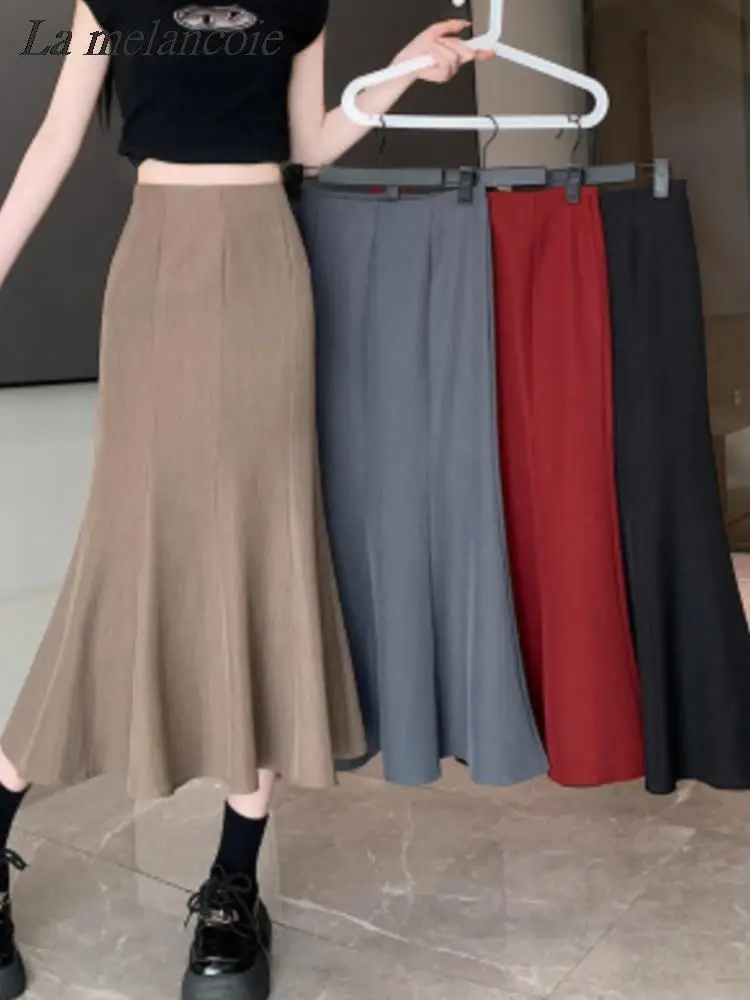 

Ruffled Trumpet Skirts Women 2024 Spring Summer New Korean Fashion High-waisted Long Skirt Ladies Elegant Chic Solid Slim Faldas