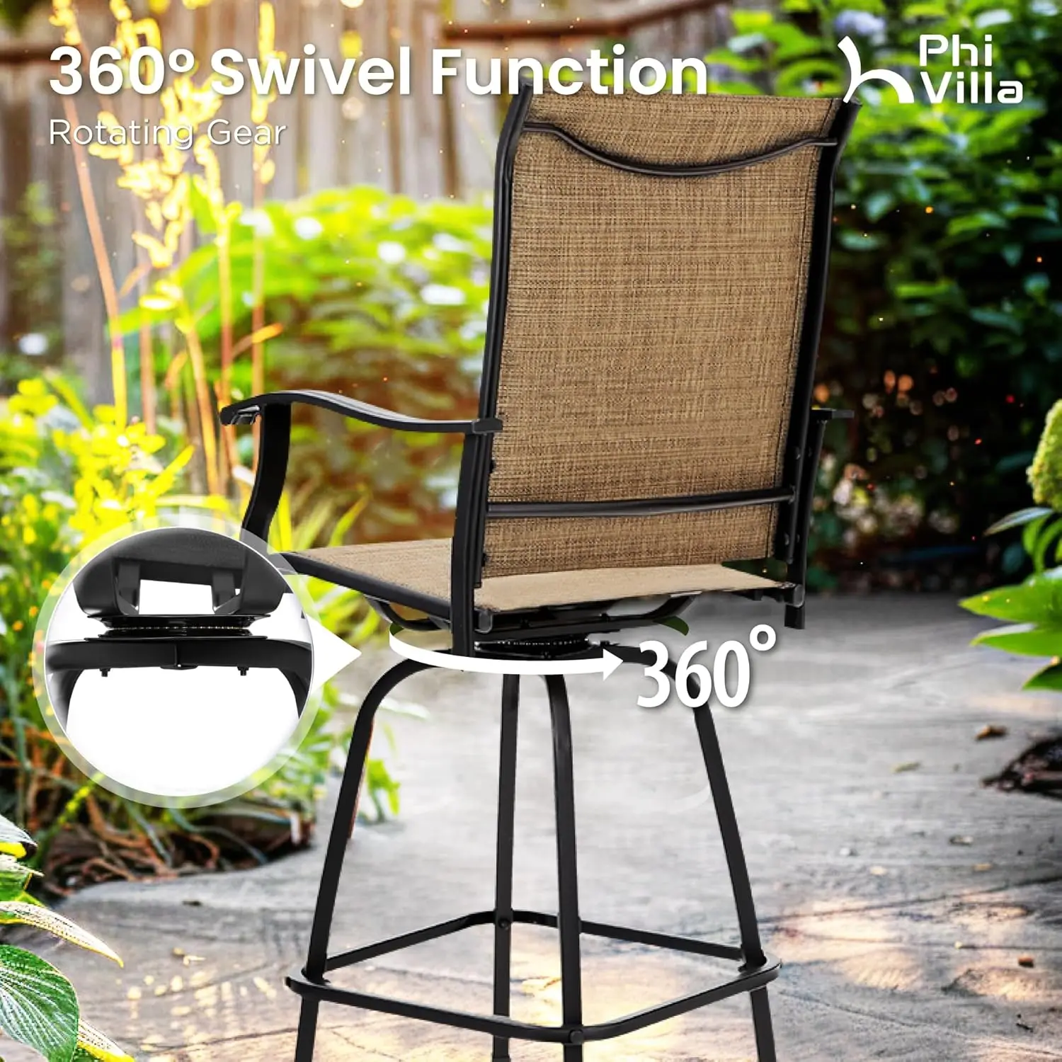 3 Piece Outdoor Bar Set, High Top Patio Table And Chairs With Brown Textilene Fabric & Rustproof Metal Frame For Backyard