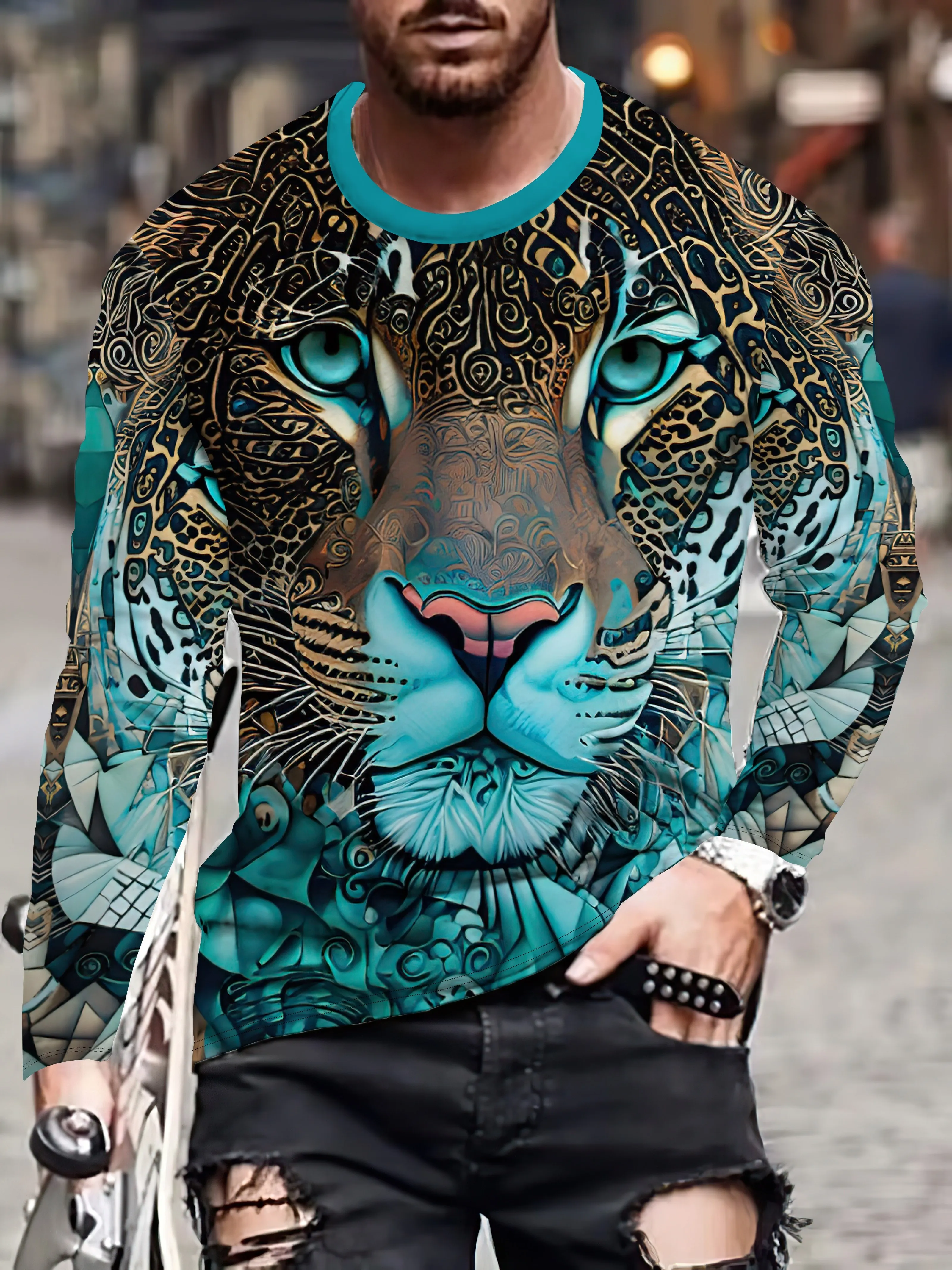 

Men's Casual Comfort Fit Long Sleeve T-Shirt with 3D Carp Print - Breathable Polyester Blend, Crew Neck, Perfect for Fall，
