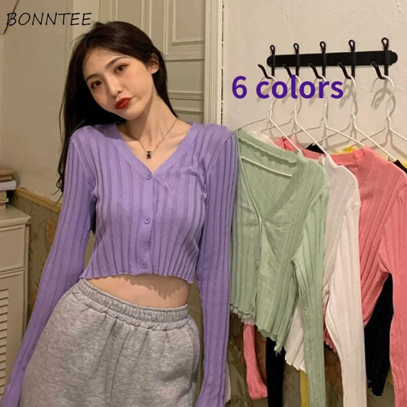 Long Sleeve T-shirts Women Summer Knitted Solid 6 Colors Slim Soft Students Tops Ulzzang Fashion New Leisure All-match Cropped