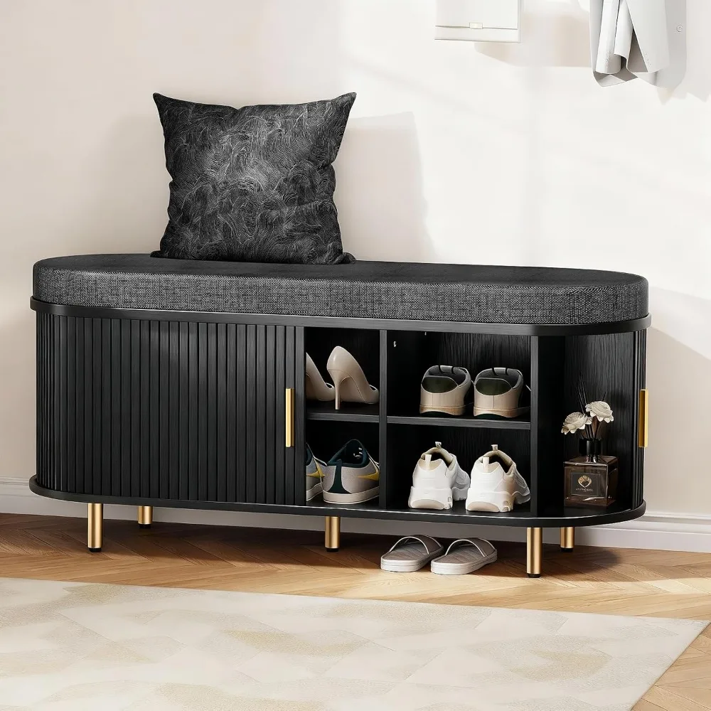 

43.3 Shoe Bench with Cushion,Fluted Shoe Storage Sliding Door and Adjustable Shelf,2-Tier Shoe Rack Cabinet for Entryway, Be