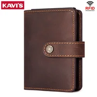 Crazy Horse-tarjetero de cuero para hombre, Mini billeteras cortas con protección RFID, cartera inteligente emergente de aluminio con bolsillo con cremallera