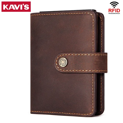 Crazy Horse-tarjetero de cuero para hombre, Mini billeteras cortas con protección RFID, cartera inteligente emergente de aluminio con bolsillo con cremallera