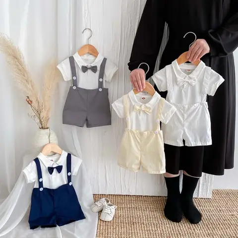 Traje de Caballero de manga corta para bebés y niños, pajarita de algodón para recién nacidos de 0 a 2 años, conjuntos de cuatro colores, Verano