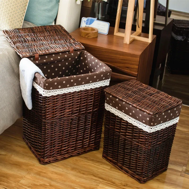 Cesta De Lavanderia Tecida Rattan Com Tampa, Grande Capacidade, Cesta De Roupas De Videira, Armazenamento Simples