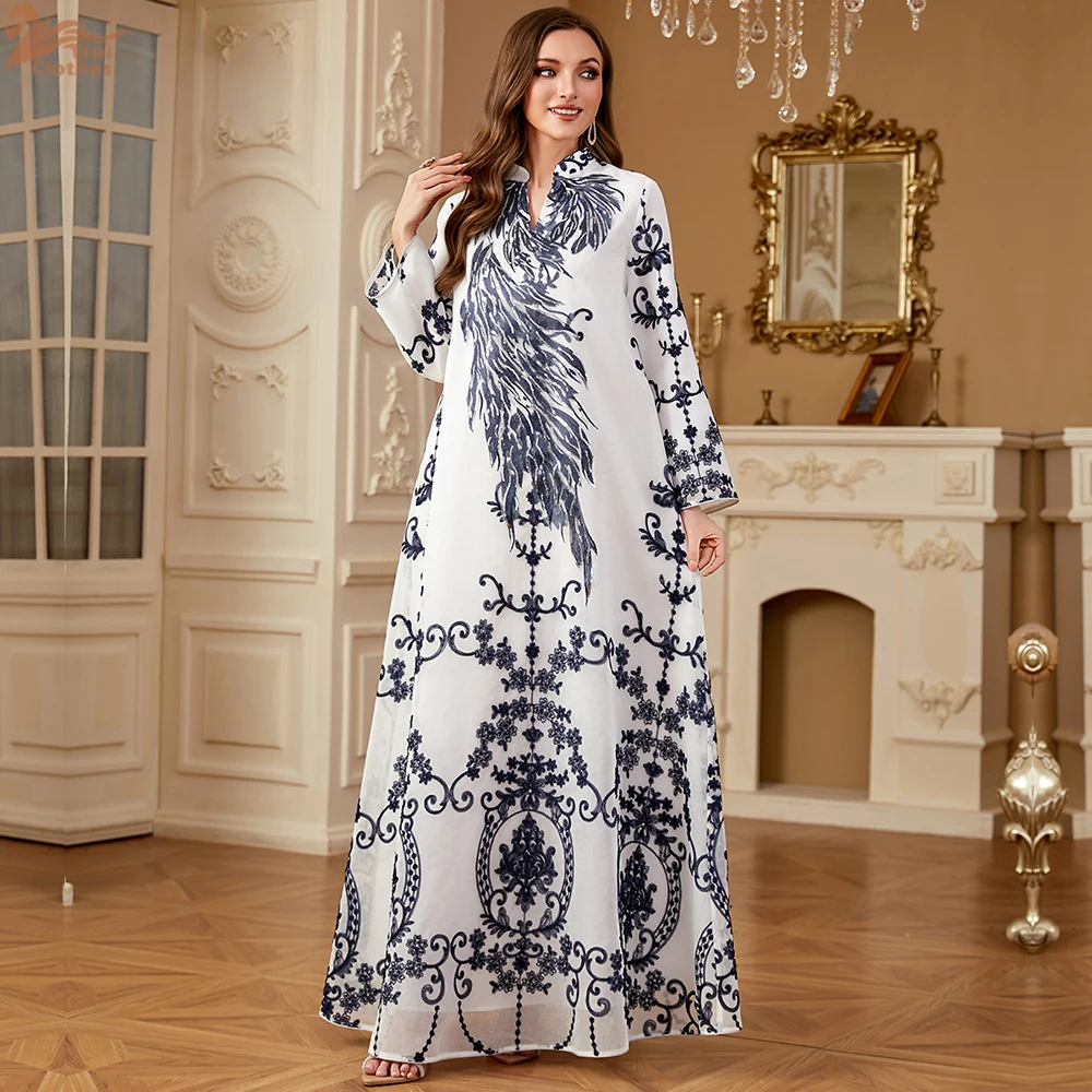 Uni musulman arabe broderie Abaya Robe 2025 élégant dubaï femmes soirée Caftan Robe de luxe imprimé fleuri