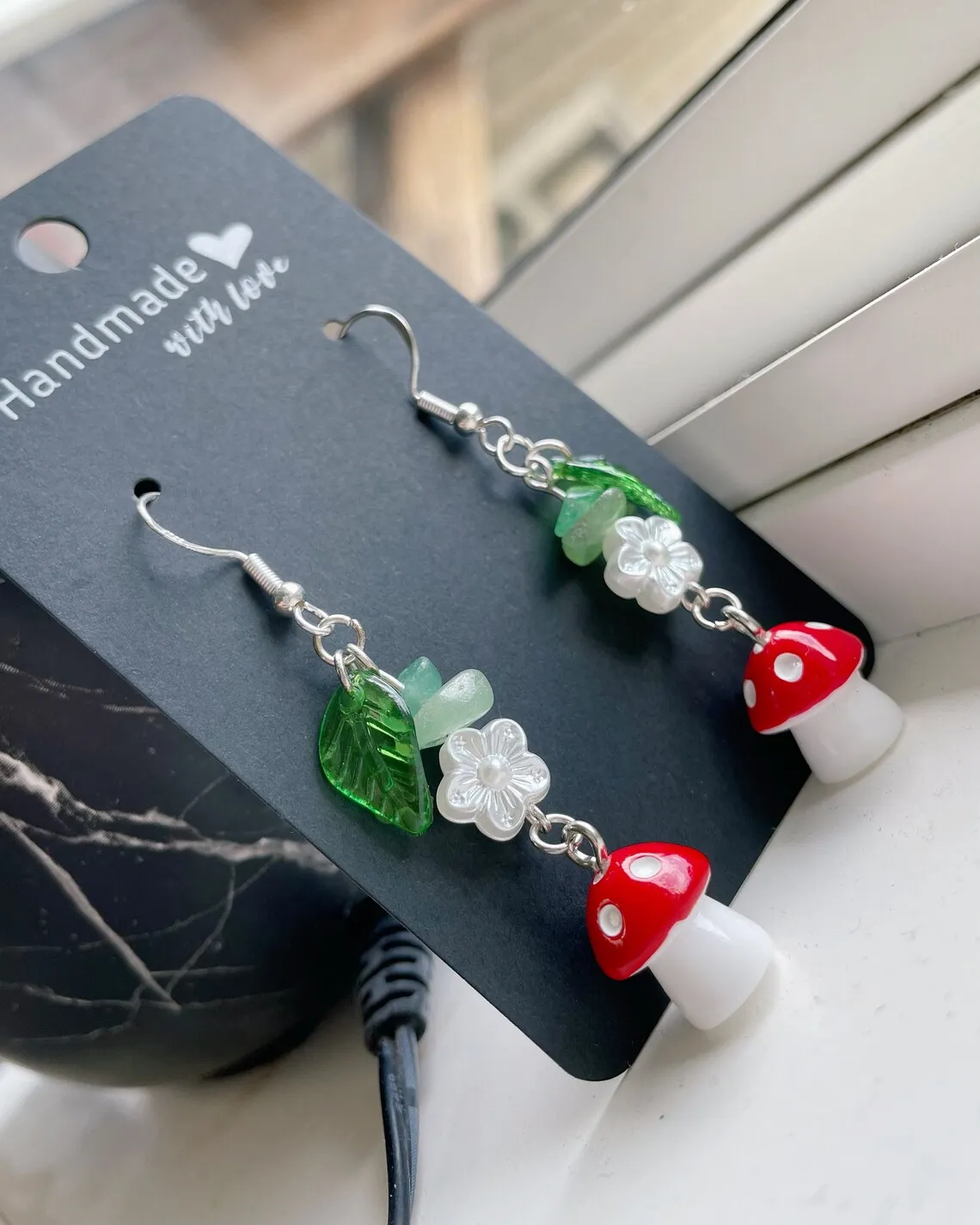 

Handmade Silver Mushroom Charm Earrings | Red, pink, green, white and silver - Cottagecore Fairycore Jewelryy