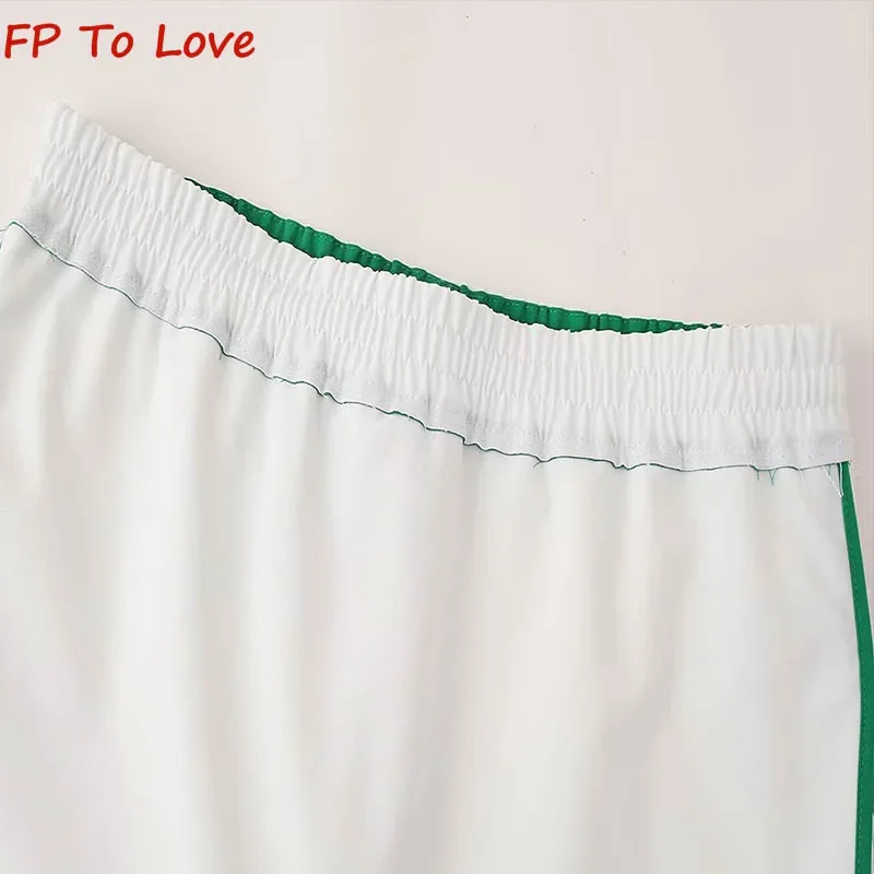 Y2K Vintage College Style White Piped Skirt Pants Design Collision Drawstring Wide Leg Hot Pants 1255406