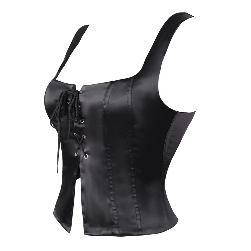 Women Satin Corset Top Square Neck Sleeveless Front Lace‑Up Split Bustier Crop Top Y2K Gothic Party Slim Body Shaper Camisole