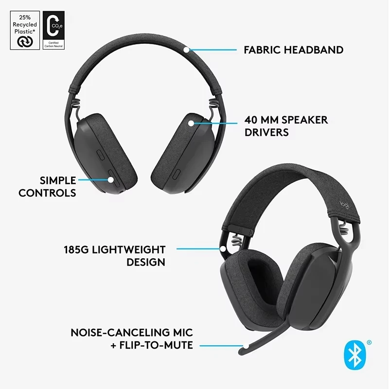 Logitech Zone Vibe 100 Wireless Headphones Lightweight Bluetooth Over-Ear Headset with Noise-Cancelling Microphone