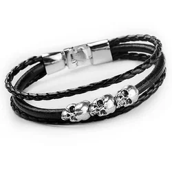 Vintage Domineering Fashion Cool Skull Leather Bracelet Men Punk Hip Hop Rock Gothic Braided Multilayer Bracelet GiftAccessories