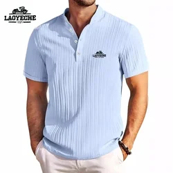 New High-end Embroidered Cotton and Linen Striped Henry Shirt for Men's Summer Casual Fashion Comfortable Breathable T-shirt Top