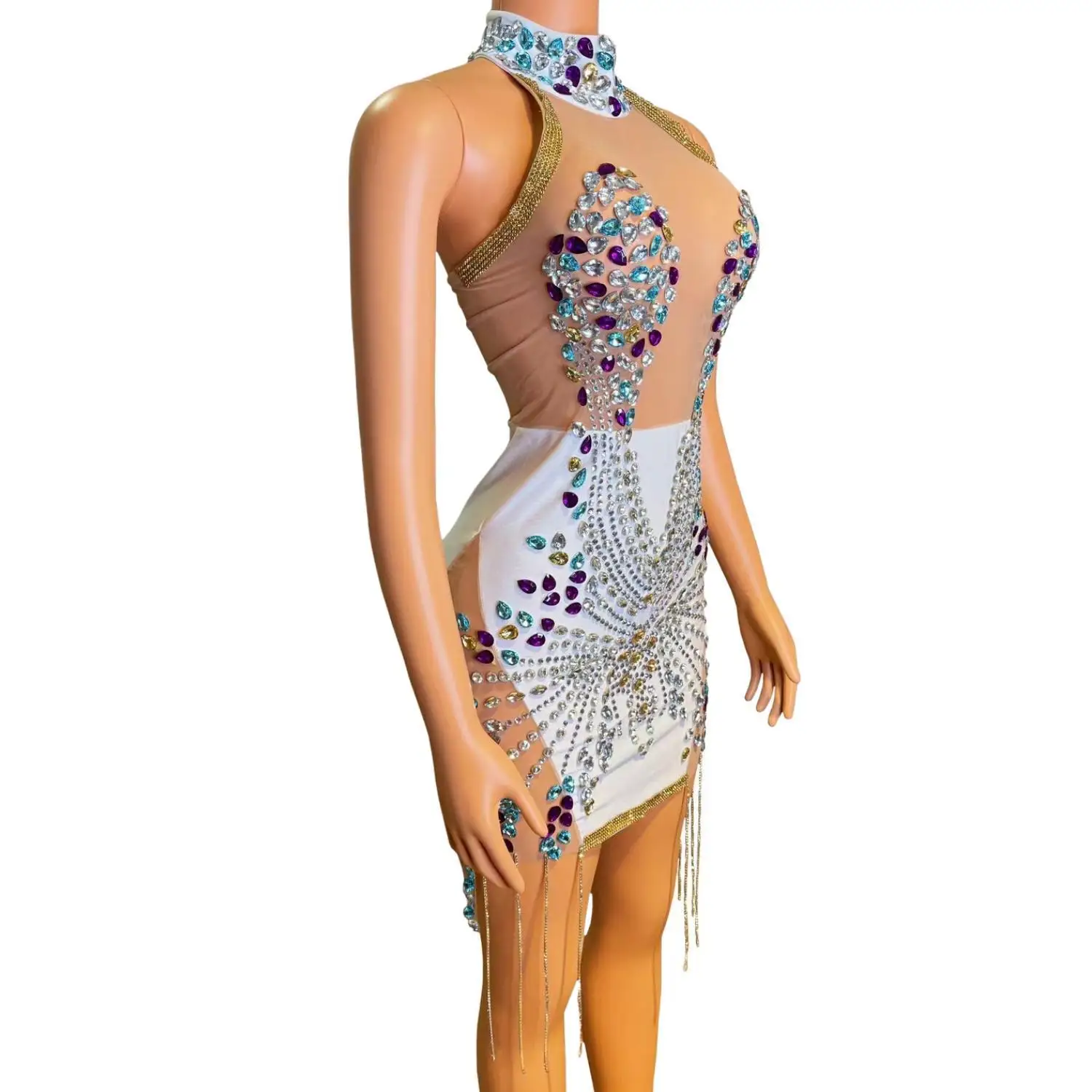 Gaun Prom pendek tembus pandang seksi gaun koktail Putih punggung terbuka wanita Afrika perak kristal manik-manik mewah untuk pesta Nike