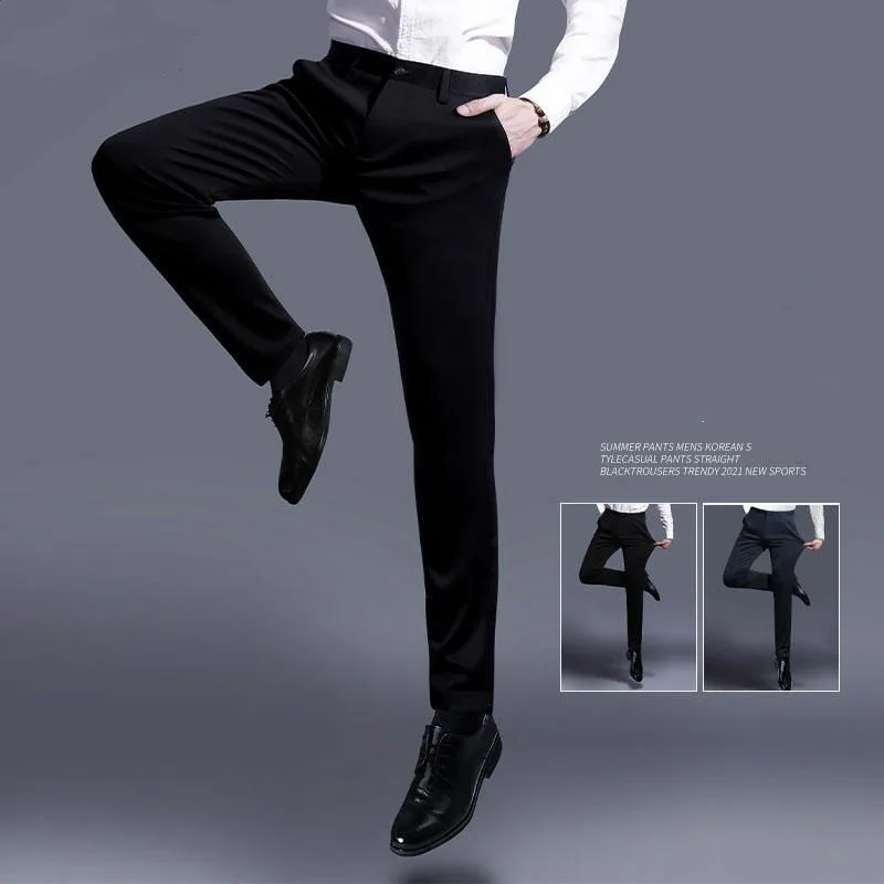 Business Version Slim Fitting Men\'s Spring Summer Casual Straight Leg Suit Pants Solid Color Button Pockets Fashion Trousers