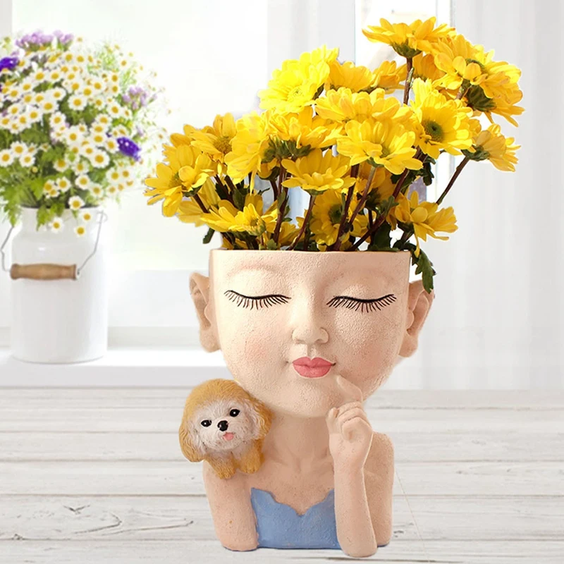 女の子とポンドの花のポットの装飾花ポットの装飾風景