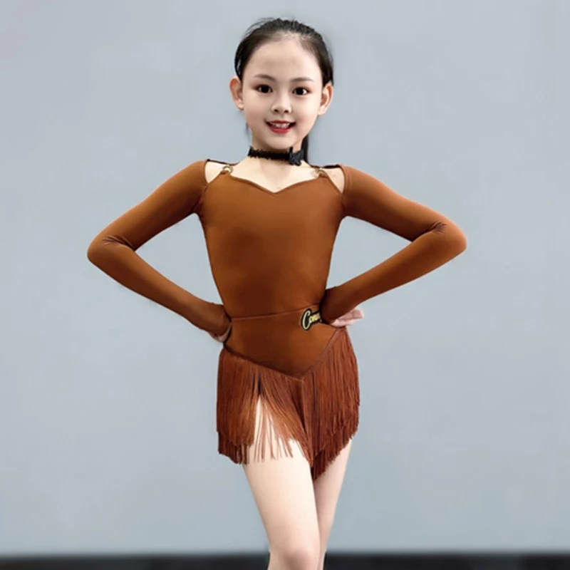 

Latin Dance Suit Girls Brown Latin Dress Long Sleeve Bodysuit Fringe Skirt Cha Cha Rumba Dance Costume Kids Practice Wear 1336