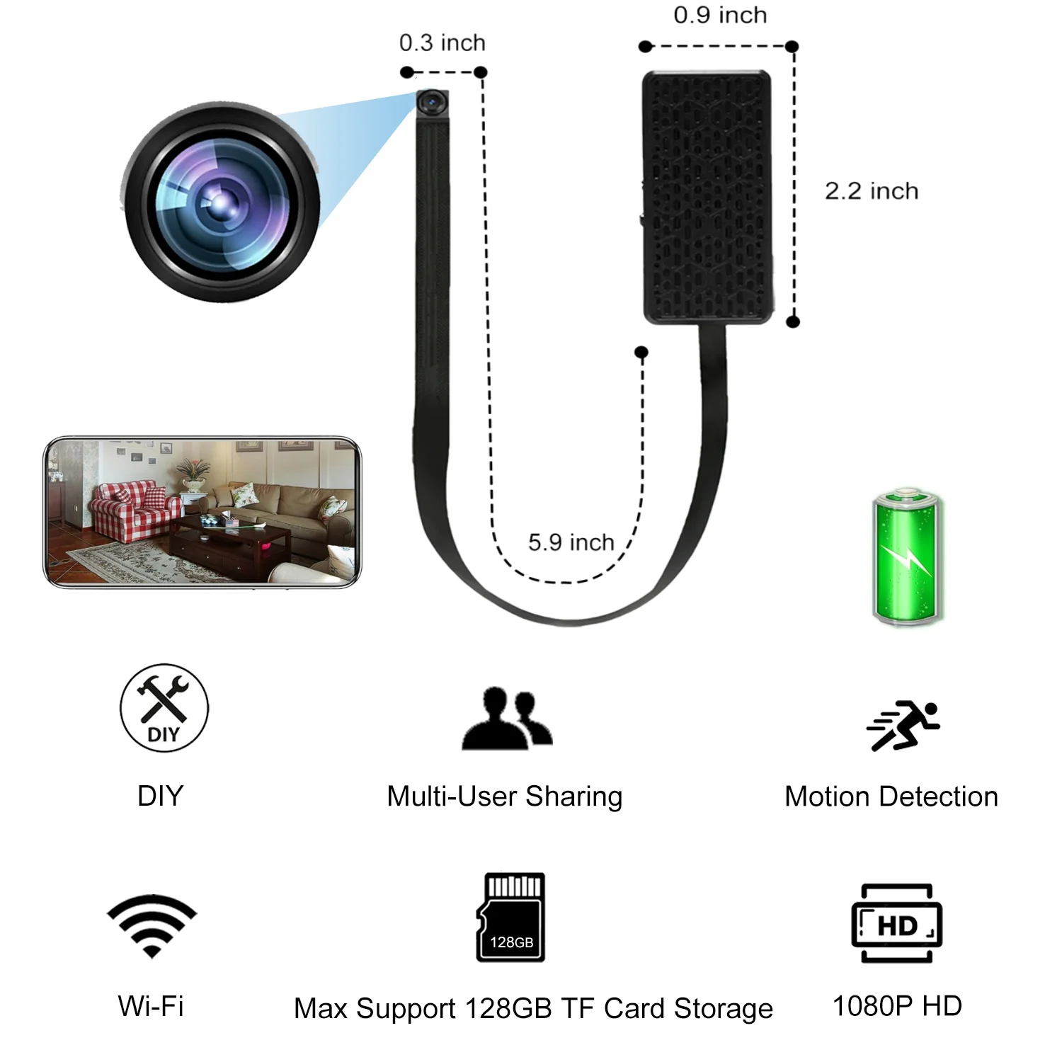 HD Mini Camera DIY Camera WiFi Connection with Battery Motion Detection Remote Viewing Video and Audio Recording for Home Office