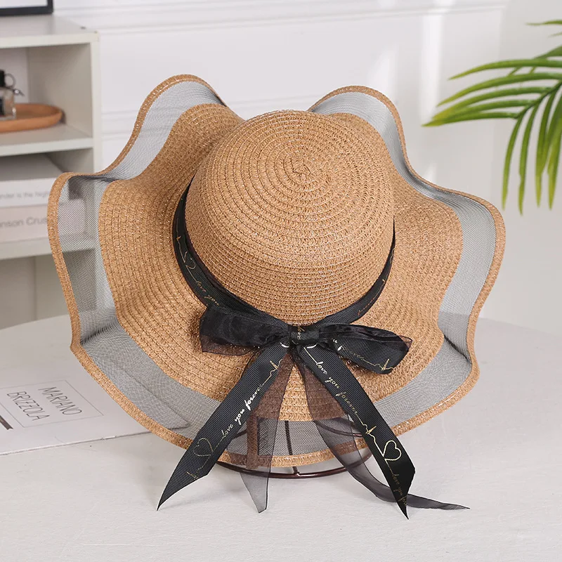 Sombrero de paja plegable de ala grande para niñas, sombrero para el sol con lazo, protección elegante, sombra, sombrero de playa a la moda para