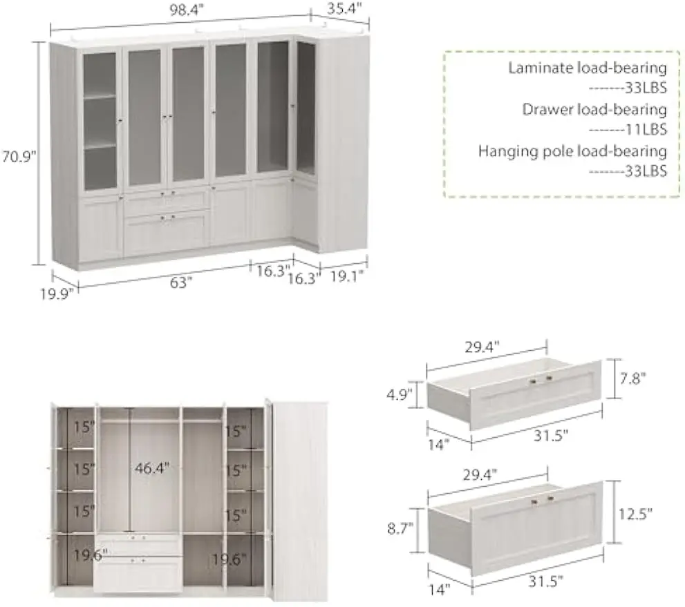 Armario extra grande en forma de L, barras colgantes, armario de almacenamiento de madera de 98,4 pulgadas de largo para dormitorio, gris cálido