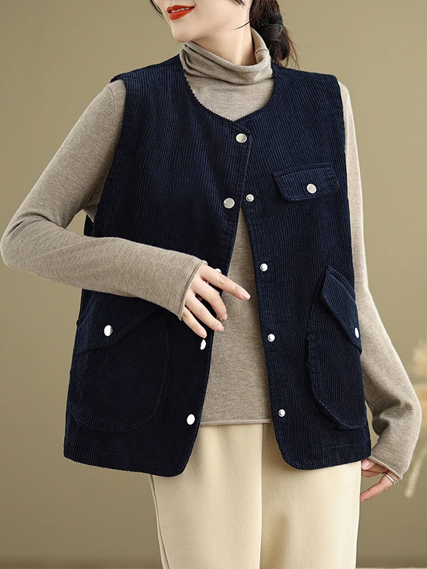 レトロコーデュロイベスト 大きいサイズ レディース ラウンドネックセーター ビッグケッツカラー 秋の新作 ファッション 通勤