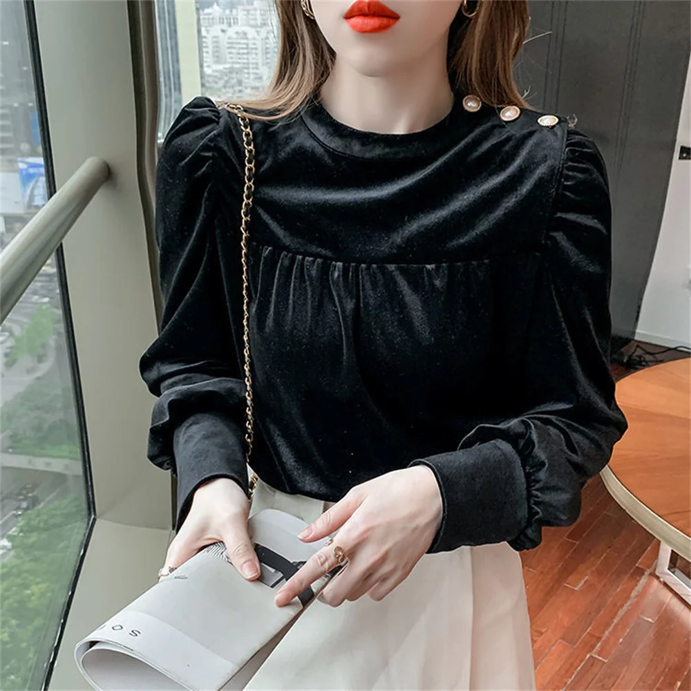 Autumn winter women blouse velvet shirts tops vintage long-sleeved bow ruffled blouses casual loose ladies tops female clothes