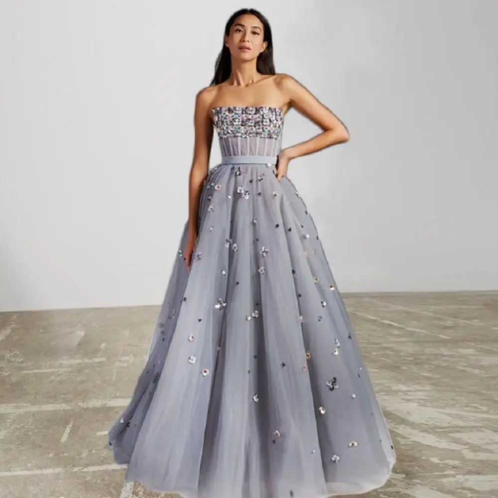 

Shiny Gray Prom Dress Sequins Sparkly Strapless Evening Dresses Layered A-line Sequins Floral Gown Luxury Woman Clothes For Even