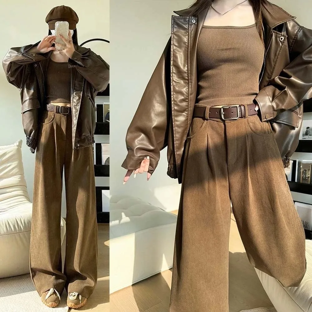 

Simple Baggy Korean Long Pants Straight Leg High Waist Wide Leg Trousers Casual Loose Coffee Suit Pants Lady