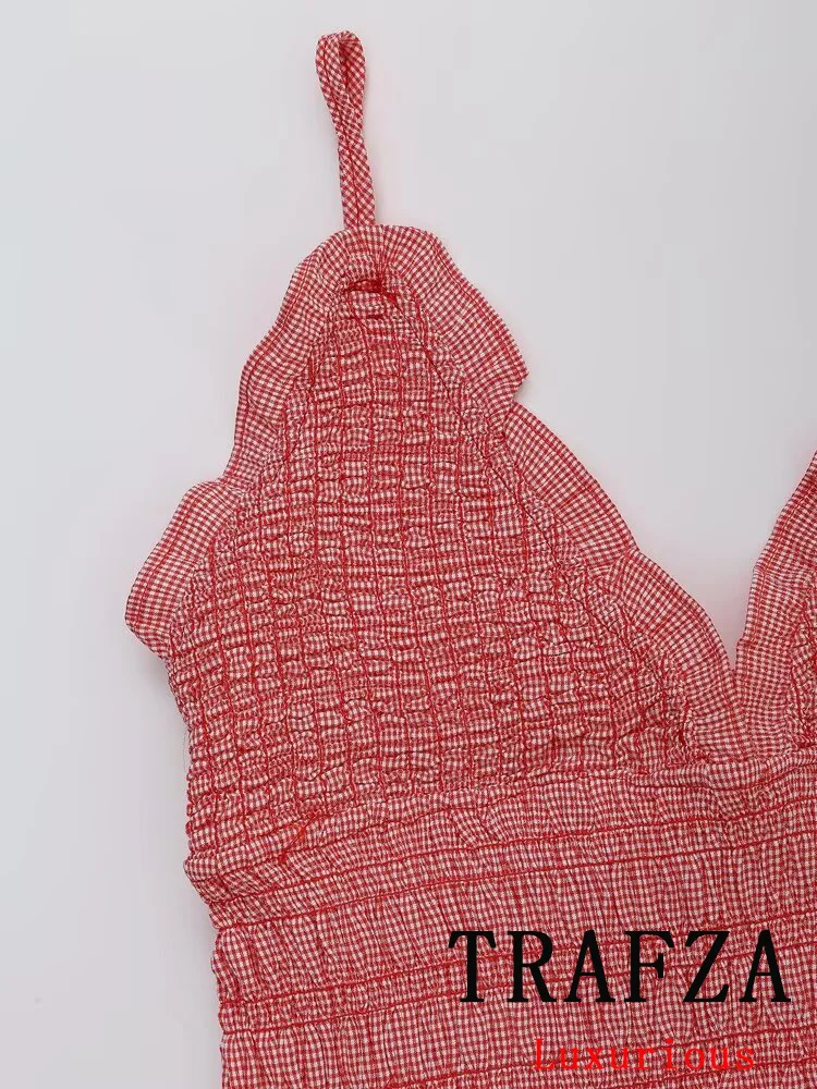 TRAFZA Vintage Chic Women Red Plaid Suit scollo a v Slim Elastic top Ruffles gonna corta New Fashion 2024 Summer Beach Holiday Sets