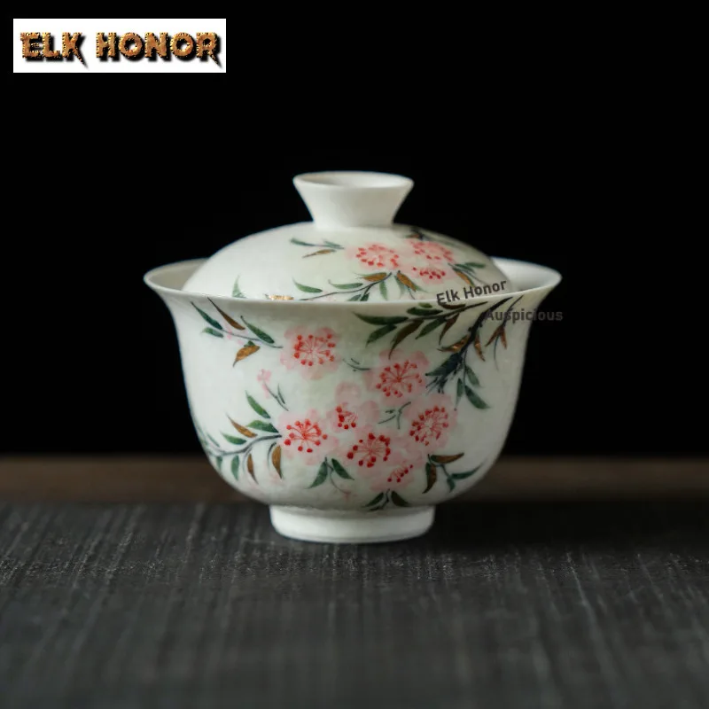 

120ml Hand-painted Peach Blossoms Gaiwan Zen Tea Tureen Tea Bowl with Lid Kit Tea Maker Cover Bowl Chinese Tea Set Ornaments