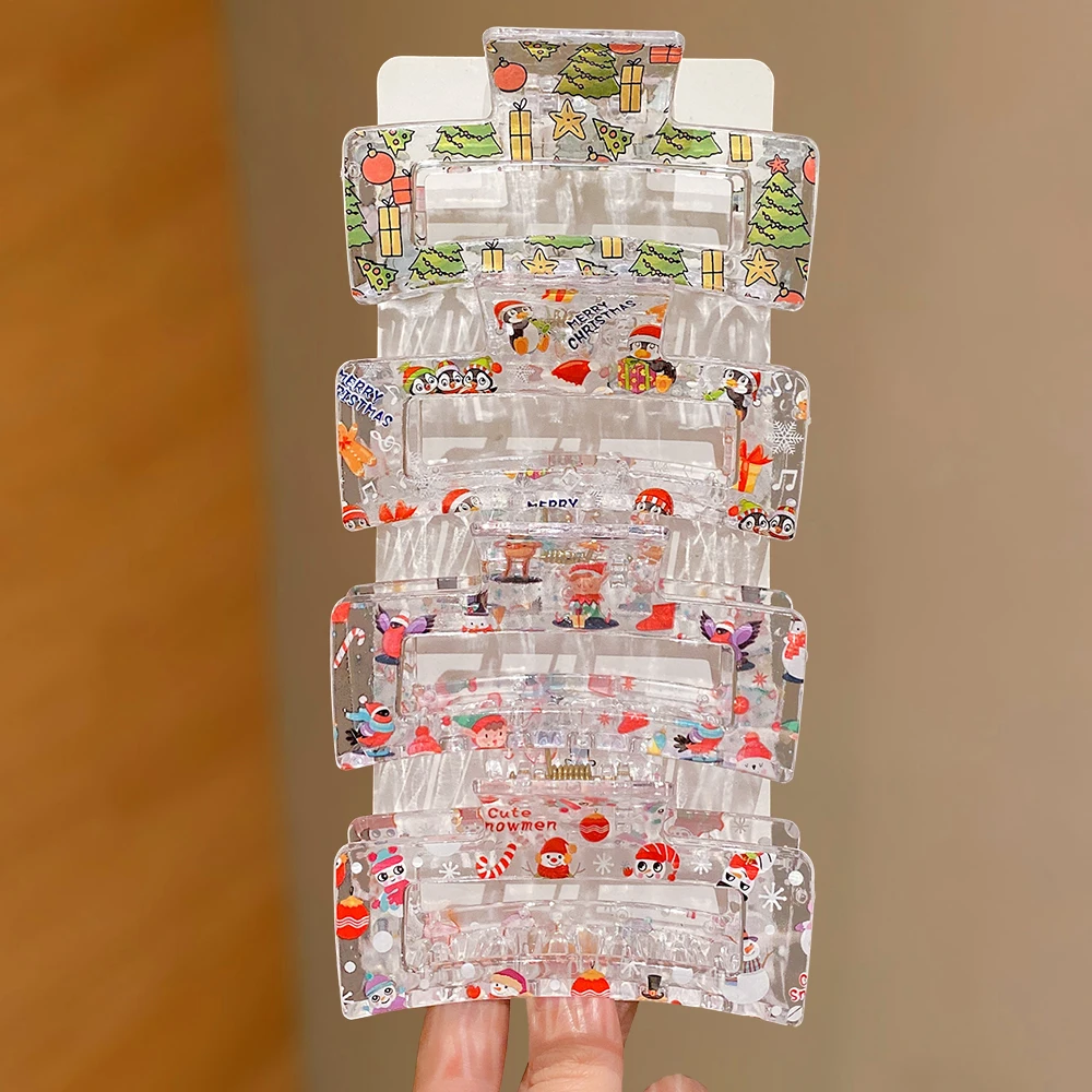 

4-Piece Christmas Clear Hair Clips: Patterns like Christmas trees, snowmen. Strong grip, adds vibe to party hairstyles. Trendy f