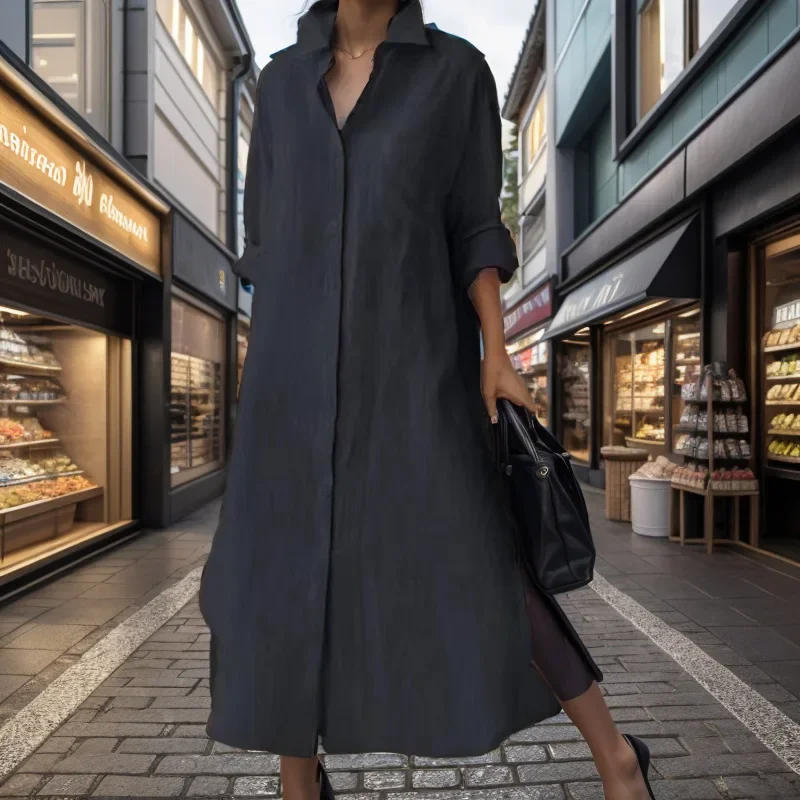 Women Elegant Turn-down Collar Long Dress Casual Female Slit A-Line Dress Solid Color Fashion Single-breasted Loose Shirt Dress