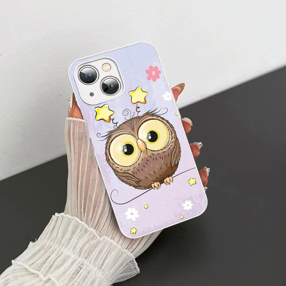 かわいいフクロウ強化ガラス電話ケース,iPhone 14,13,12,11 pro mini,xs max,14plus,x,xs,xr用カバー