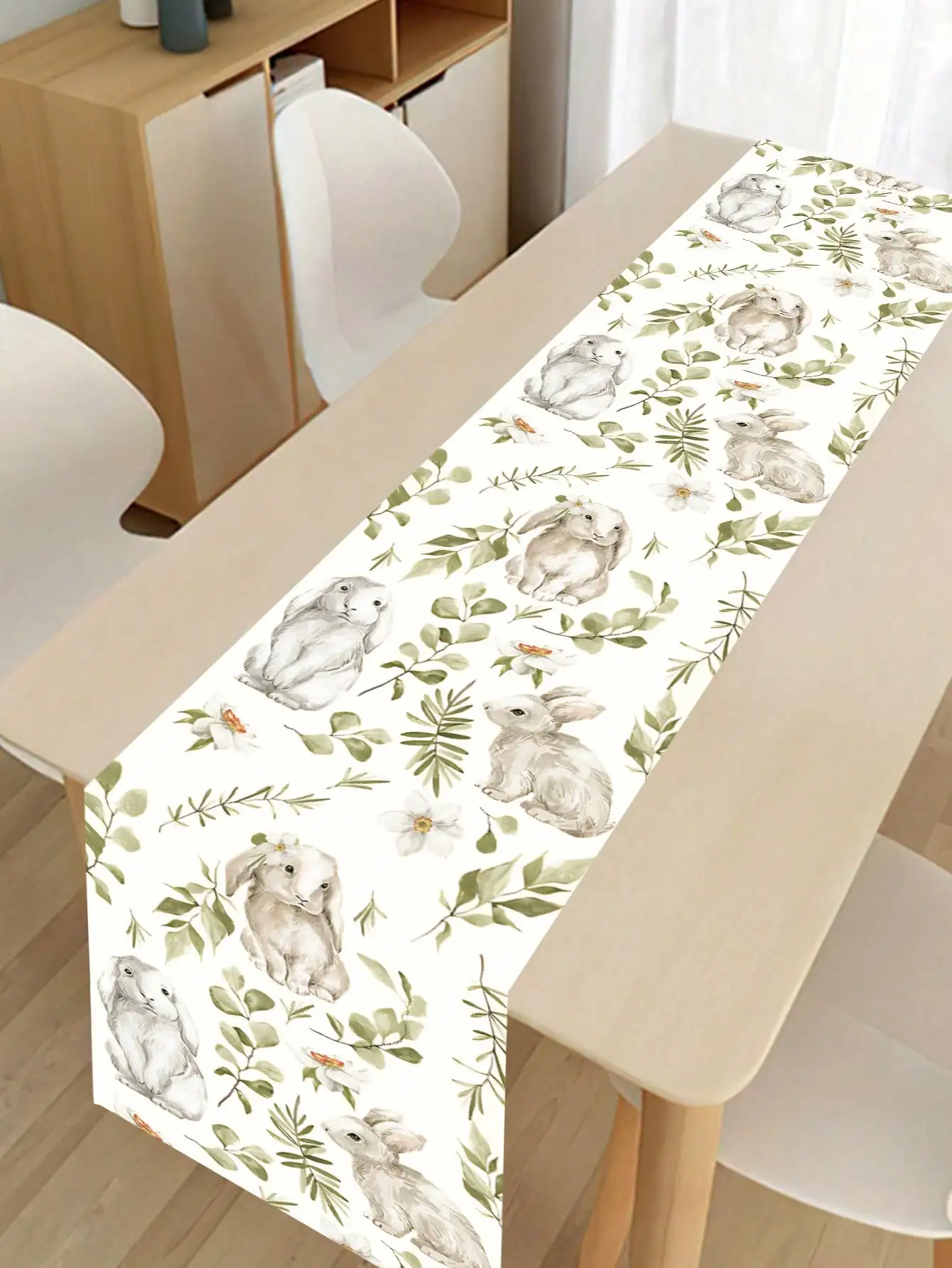 1 Piece Fresh Watercolor Gray Rabbit Table Runner, Forest-Style Green Leaf Floral Table Runner, Easter Decorative Table Runner, Home Party Table Decoration Supplies