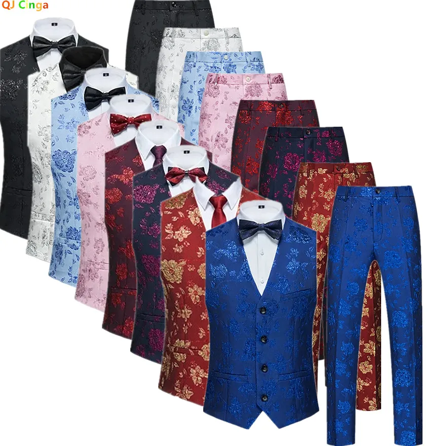 

Мужской жилет без рукавов из синей жаккардовой ткани и брюки, комплект из 2 предметов для свадебной вечеринки, белый, черный, красный, фиолетовый, азиатский размер M-6XL