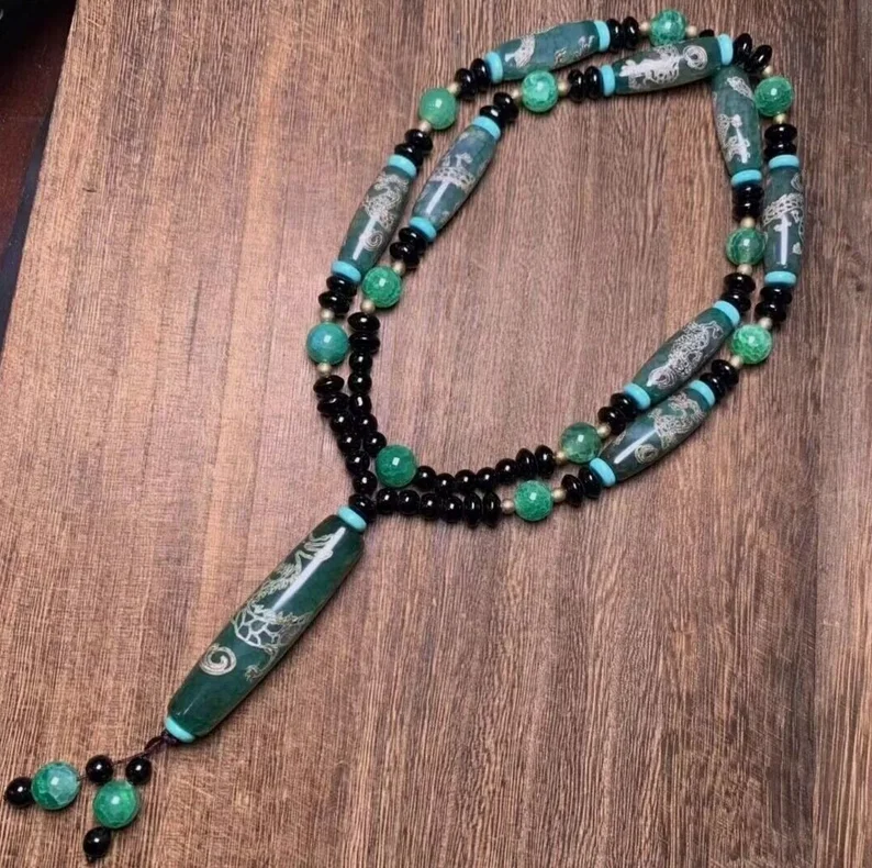 Tibetan Natural Old Patina Green Agate Dzi * Dragon * Beads Necklace M3072