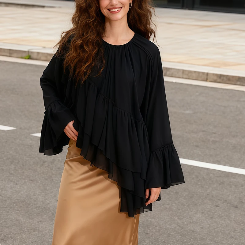 Blusa de moda para mujer con cuello redondo con volantes, mangas largas y camisa de gasa asimétrica, ropa informal de otoño e invierno