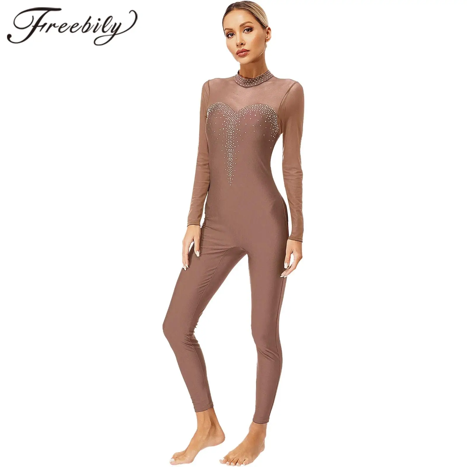 Womens Rhinestones Ballet Dance Jumpsuit Long Sleeve Keyhole Back Rhythmic Gymnastics Bodysuit for Figure Skating Acrobatics