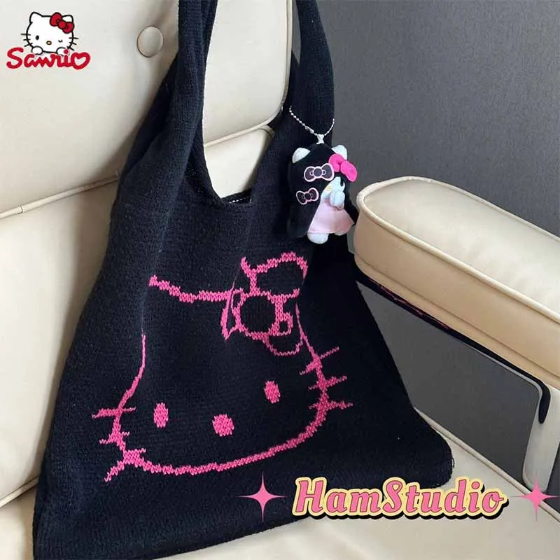 2024 Sanrio Hello Kitty Knitted Shoulder Bag Anime Kawaii Y2K Underarm Bag Cute Cartoon Ins Mesh Knit Pocket Bag Girl Gift Toys