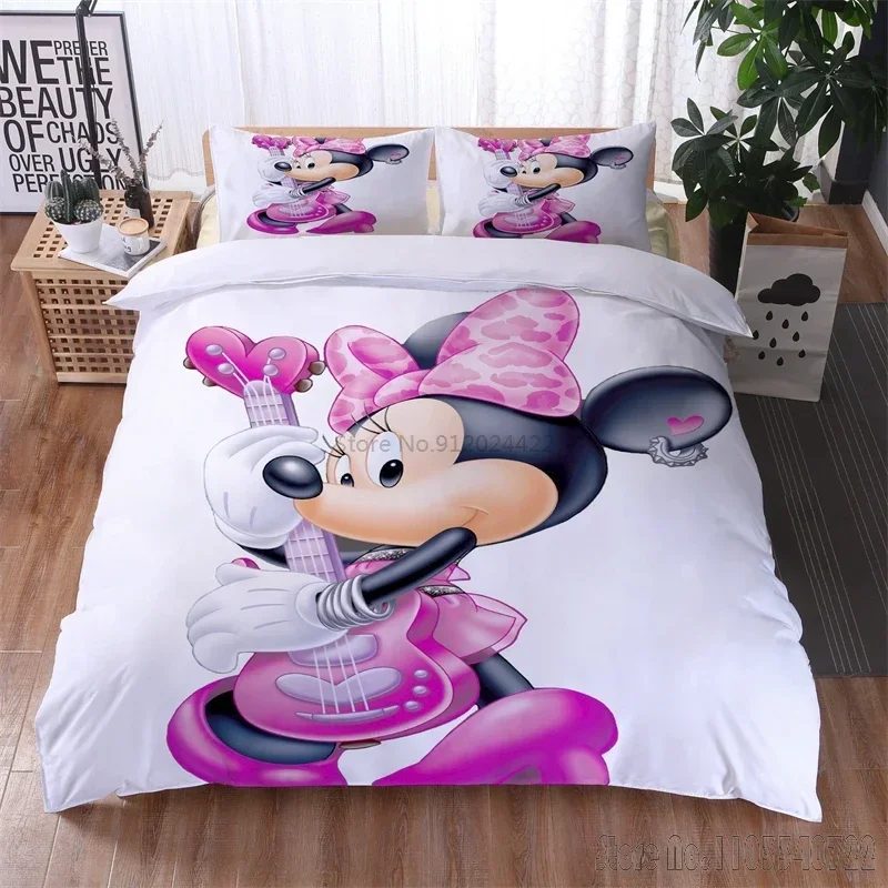 Cute Disney Minnie Mouse Kawaii Love Child Duvet Cover Set HD Comforter Cover Bedclothes for Kids Bedding Sets Bedroom Decor