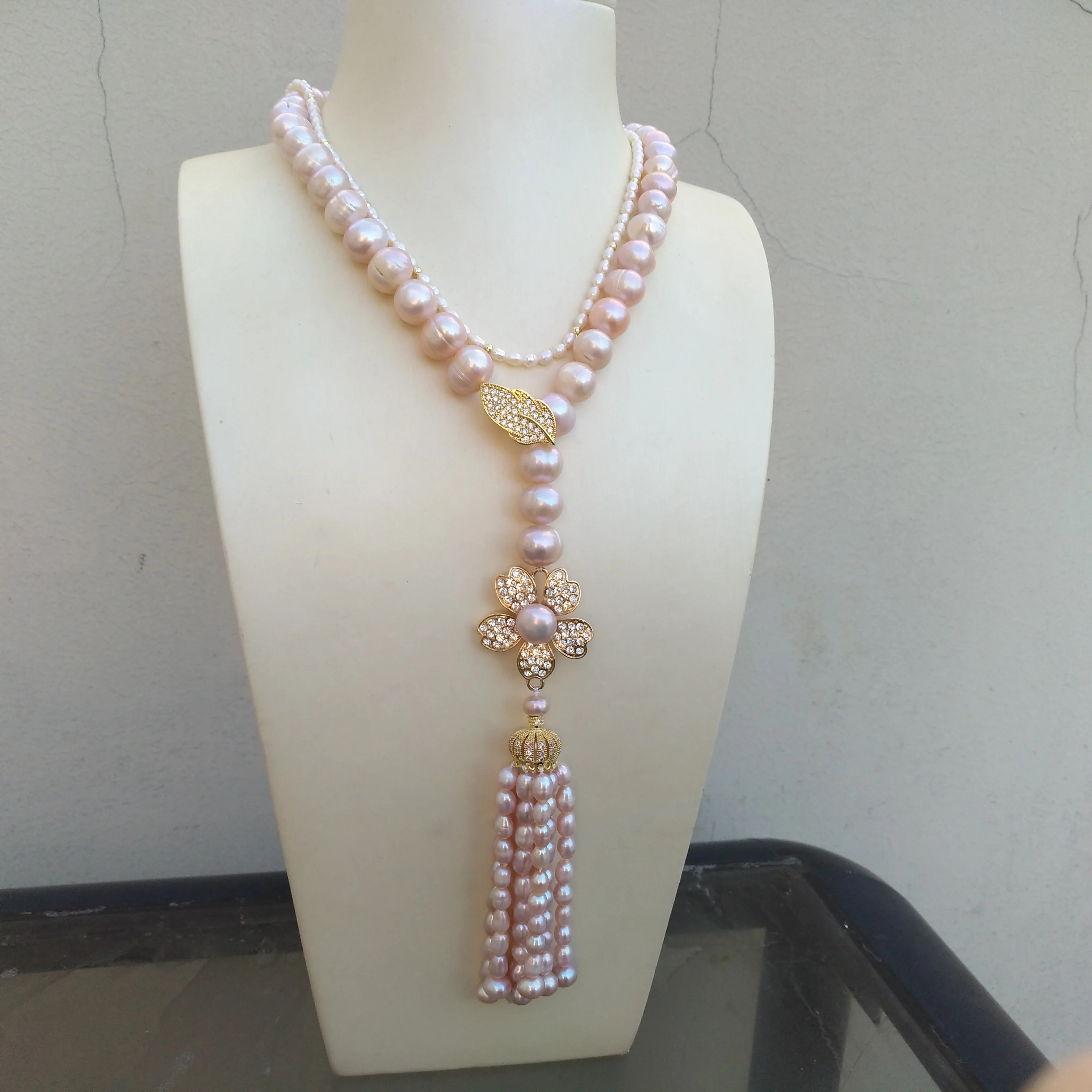 2 Row AAA+Beautiful Natural White Multi-Color South Sea Pearl Necklace +Dainty Pearl Tassel