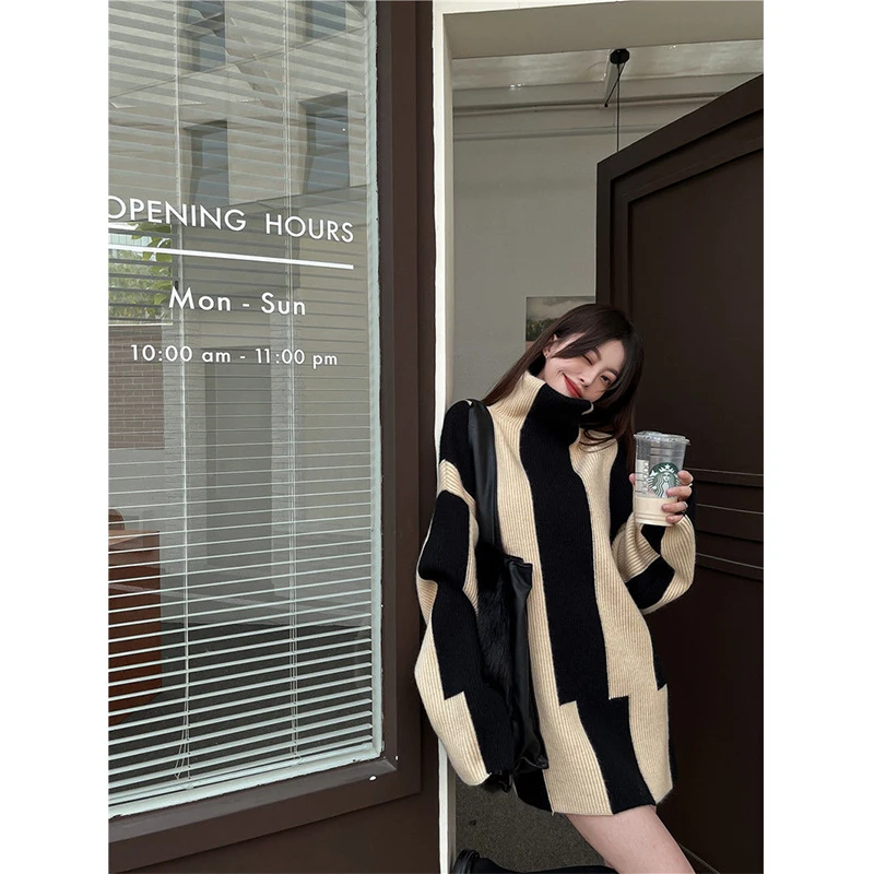 Vintage Striped Sweater Women Turtleneck Patchwork Knitted Pullovers Korean Elegant Oversized Irregular Knitwear Casual Jumpers