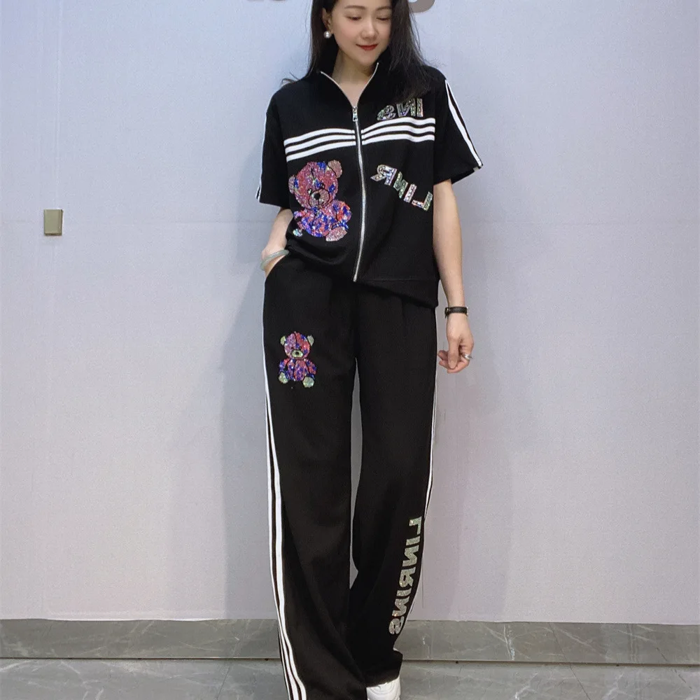 

Fashion 2 Piece Sets Womens Outfits Cartoon Bear Diamonds Casual Zipper Cardigan Short Sleeve Pant Sets Side Stripe Tracksuit
