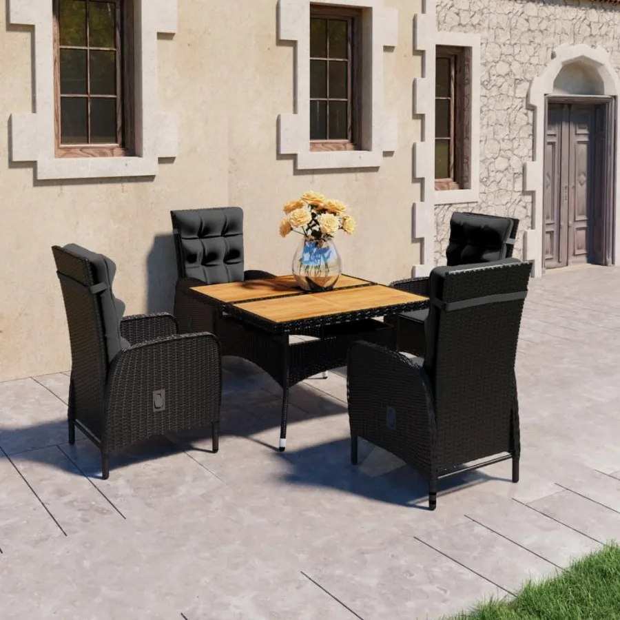 

5 Piece Patio Dining Set Poly Rattan and Acacia Wood Black