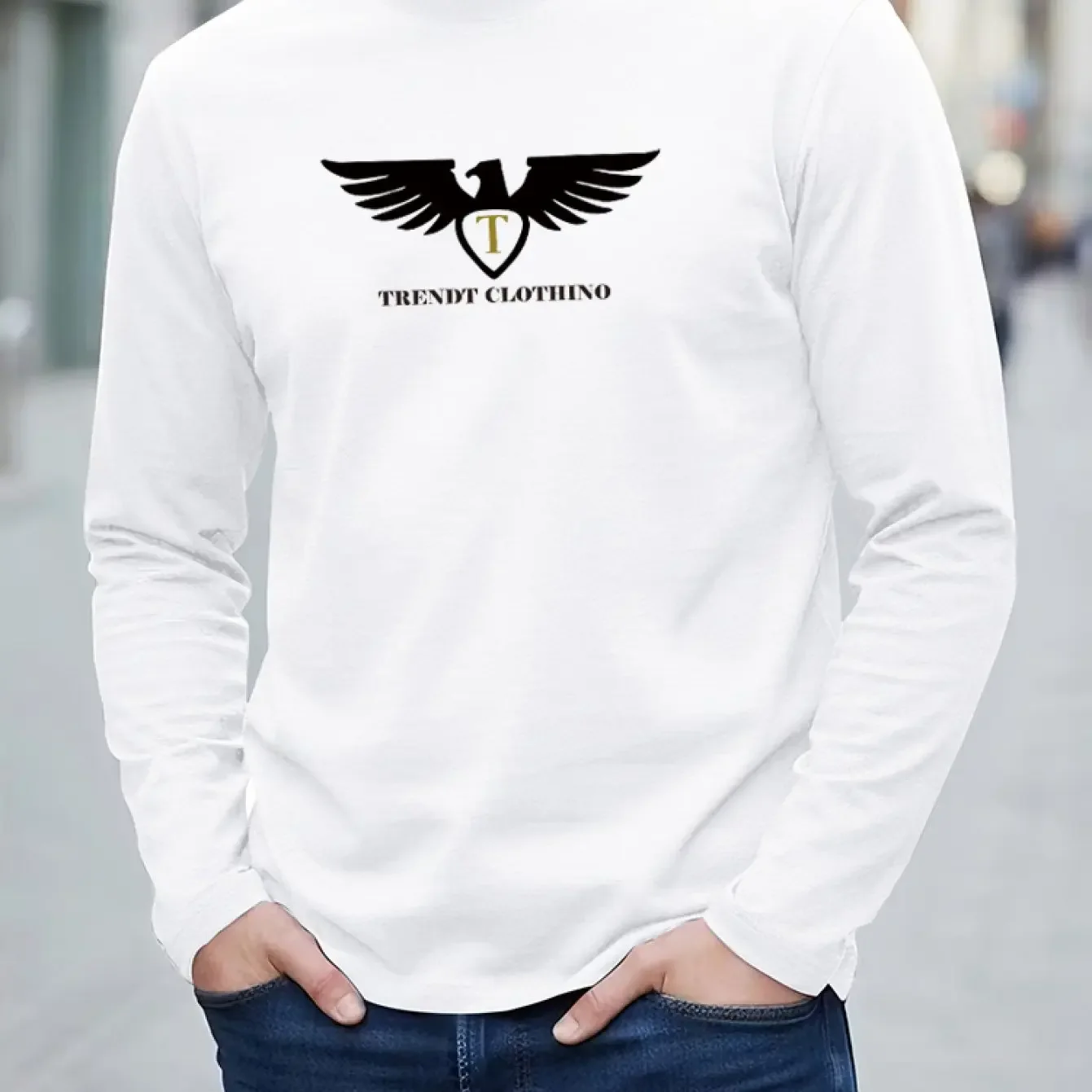 New 100% pure cotton autumn men's and women's long sleeved round neck T-shirt, eagle print symbolizes courage and freedom