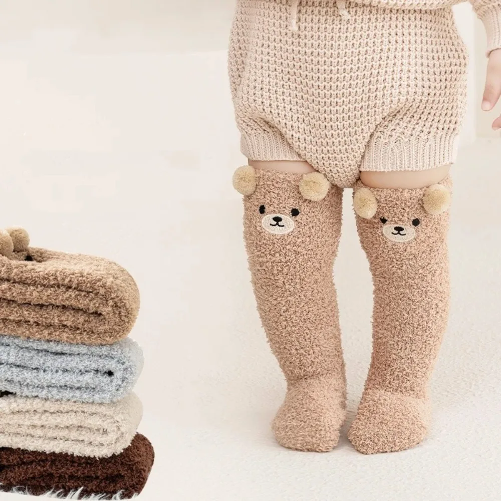 Cartoon Bear Design Baby Socks Coral Velvet Warm Infants Stocking Knee Protection Thickened Socks for 0-5year Kids
