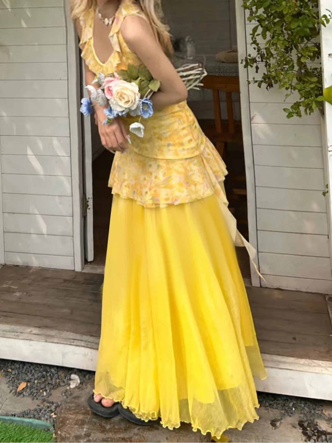 Sweetown vacances Style jaune flore imprime femmes robe été Design de mode volants irréguliers col en v robe courte