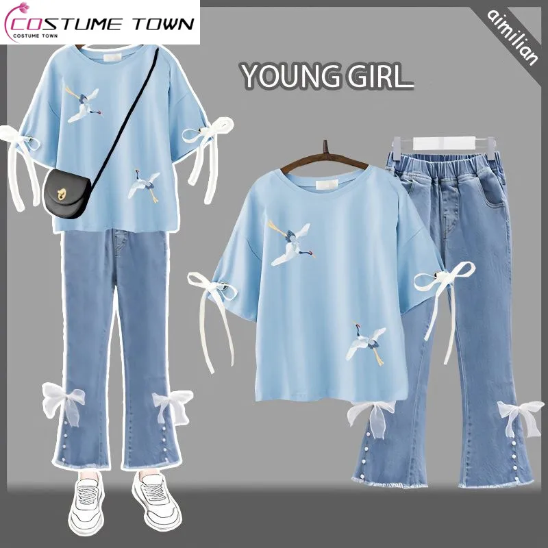 

Korean Version Sweet Middle School Girls' Single/Set Summer New Short Sleeve T-shirt Temperament Set Fashion Loose Two Piece Set