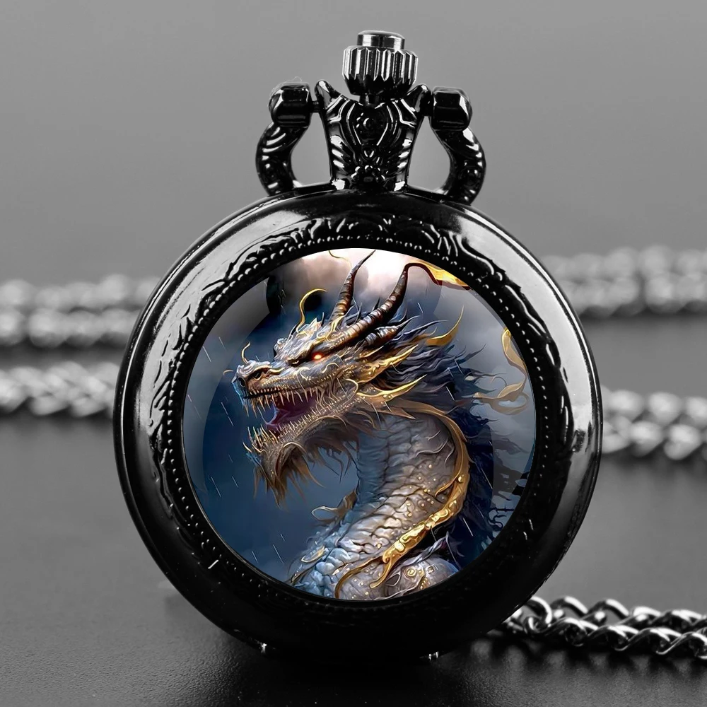 Dragon Glass Dome Quartz Pocket Watch With Durable Chain Arabic Numeral Dial Extraordinary Gifts for Men Kids